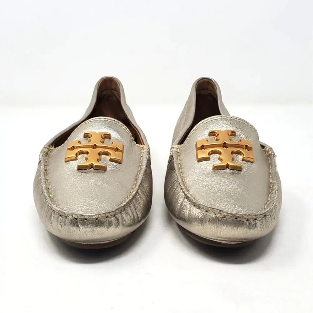 Tory Burch Everly Driver Loafer Flat Metallic Gold Leather 141377 Size US 7.5 M
